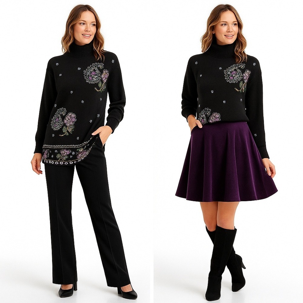 Victoria Jones Sweater Womens Black Mock Neck Beaded Paisley Embellished‎ Large